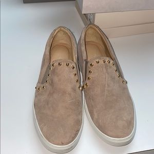 Ferragamo Tan Suede Sneaker with Gold Studs